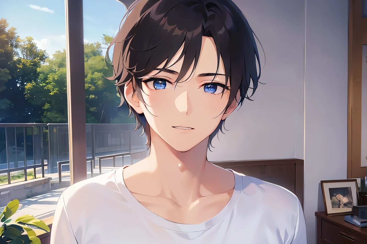 Anime boy with blue eyes and black hair standing in a room - SeaArt AI