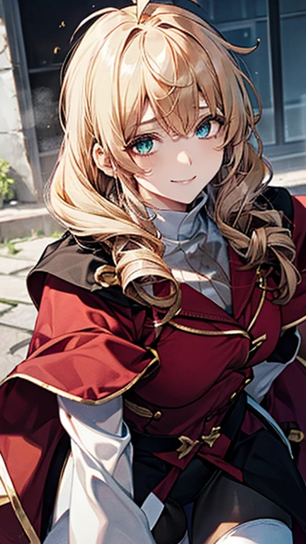 masterpiece, 1girl, sparrow, a blonde haired girl, wearing a brown viking clothes, curly medium hair, messy hair, slim body, wearing furry capelet with hoody, he close her left eye, shirt ornament, aqua eyes, sho show her back, ahoge, red vest, baby face, big breast, beautiful breasts, rounded breasts, braid hair, long sleeves, beautiful eyes, white stocking, droopy eyes, her age is 19 years old, smile, ancient viking 