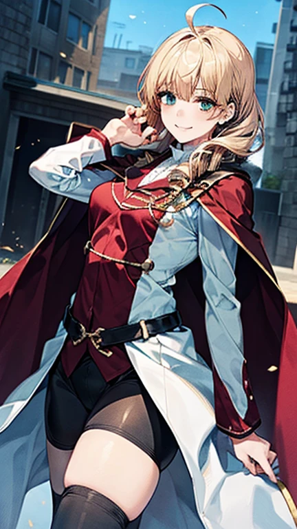 masterpiece, 1girl, sparrow, a blonde haired girl, wearing a brown viking clothes, curly medium hair, messy hair, slim body, wearing furry capelet with hoody, he close her left eye, shirt ornament, aqua eyes, sho show her back, ahoge, red vest, baby face, big breast, beautiful breasts, rounded breasts, braid hair, long sleeves, beautiful eyes, white stocking, droopy eyes, her age is 19 years old, smile, ancient viking