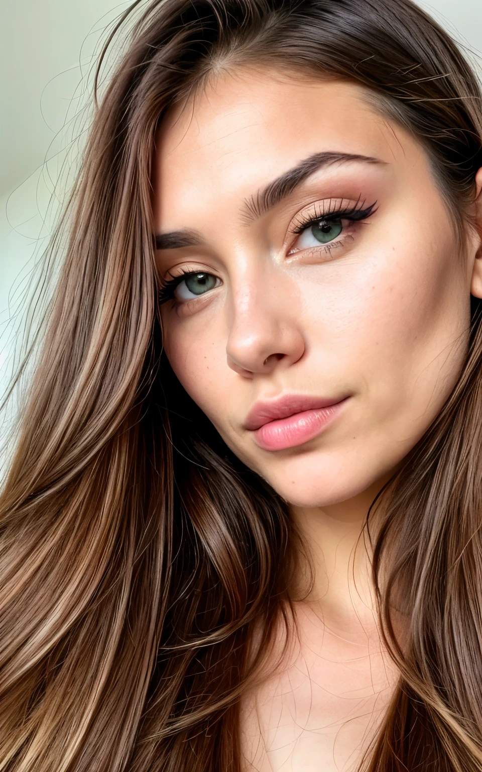 close up of an Instagram model, looking directly at the camera, with long caramel hair color and brown-green eyes , with very large lips, posing for the camera. She has smooth facial skin, with defined facial features such as full lips and well-defined cheekbones. The background is white, which brings out the details of her face. Her facial expression should be confident yet gentle, reflecting beauty and confidence in both her body language and makeup style. slightly plump face, large lips, very large lips, very realistic (realistic, photorealistic) very ultra-textured skin, very textured skin, hyper texture on the face, no hair on the face, large lips, small nose , very beautiful, with Kazakh roots. Shot in Nikon D850 style with Nikkor 24-70mm f/3.