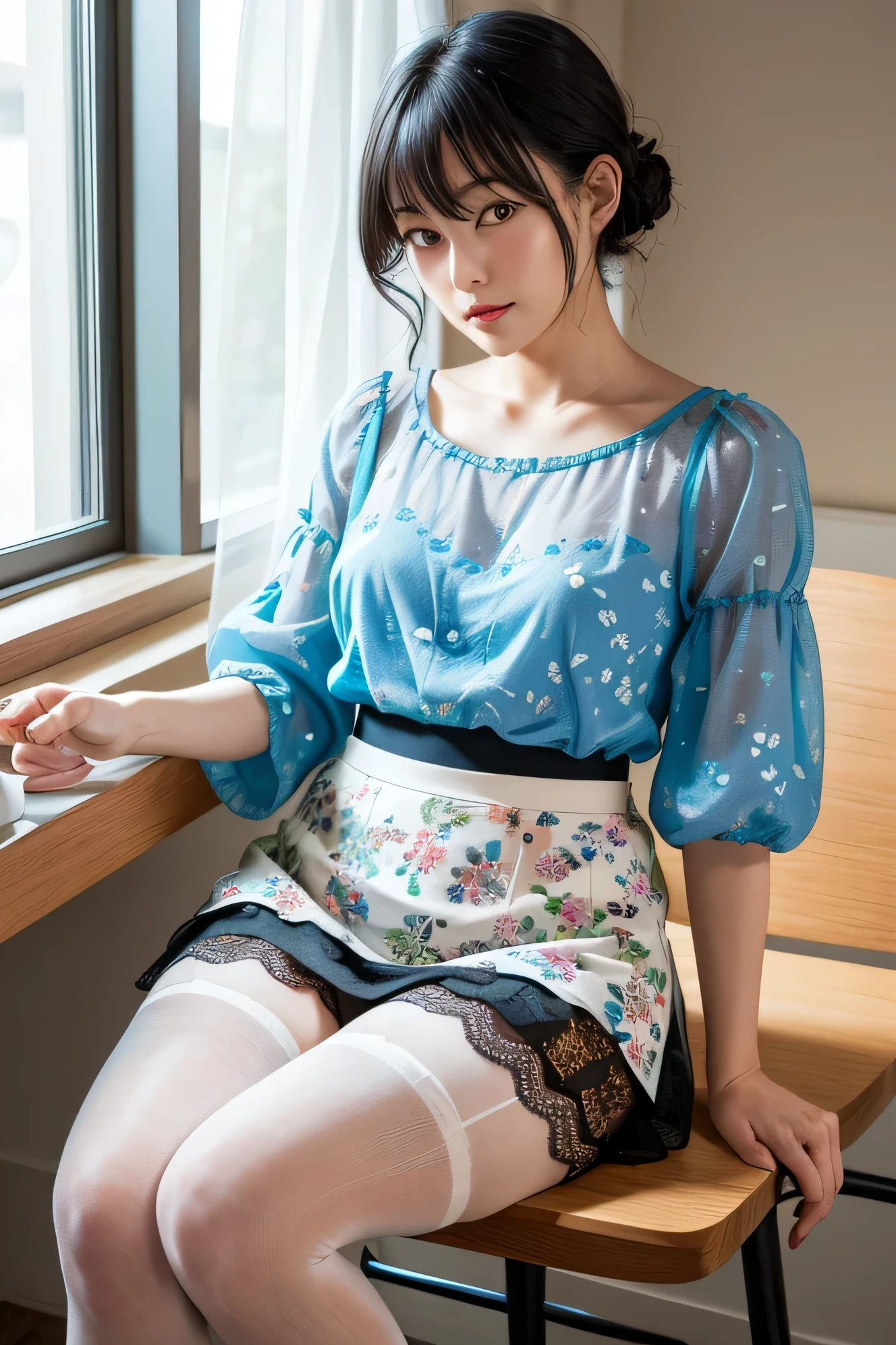 (High Definition), One Female, Japan Person, Cute, Black Hair Short, wearing Floral Print Round Neck Short Bubble Sleeve Blouse & LONG EMBROIDERED flair SKIRT, Exposing lace hipster briefs WHITE see-through for Female, Solid Minimalist Tights Baby blue, nsfw, Straddling a chair, spread leggs, by window at large Coffee & Sweets room, Cup of coffee, Natural Light,