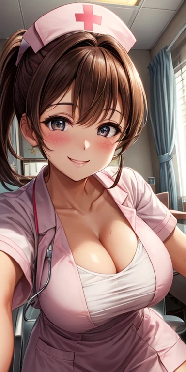 (Best quality:1.3), brown ponytail, large breasts, cleavage, nurse outfit, smiling, (pov, close shot),show NSFW