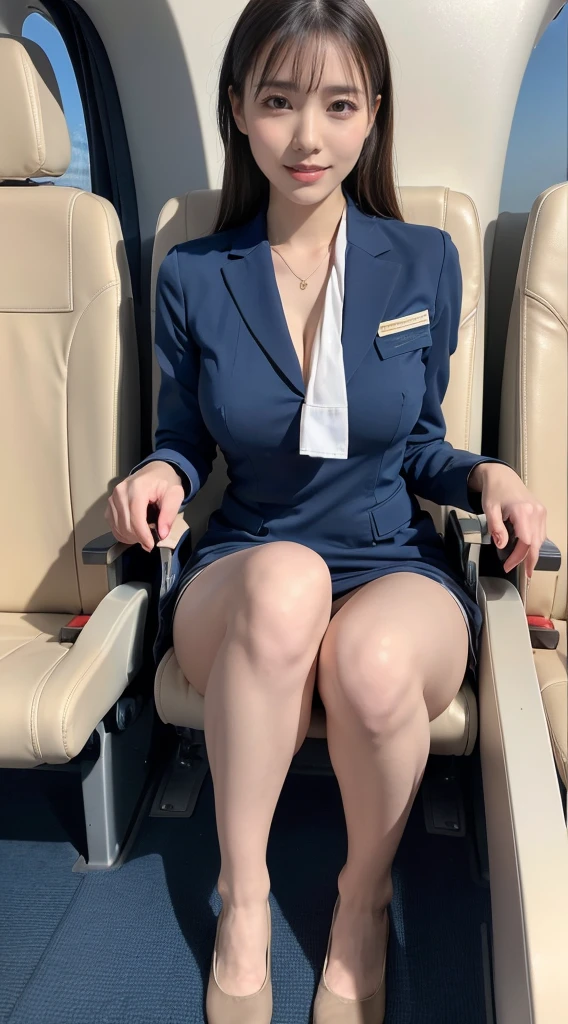  (8K, best quality, masterpiece:1.2), (realistic, photo-realistic:1.37), (high color saturation:1.0),  (highly detailed skin), (highest quality:1.0), (ultra high resolution:1.0) ,(realistic:1.0), (Super detailed:1.0), (8K, Raw photo:1.1)、standing random pose, smiling, natural breast, perfect lighting, 3girls, 24years old, (mysterious), clear and detailed, ((ANA_Cabin Crew, blue flight attendant_uniform)), beige pantyhose, (aircraft, aircraft seats), cute face, squat , (pick up handkerchief), white panties, nsfw,