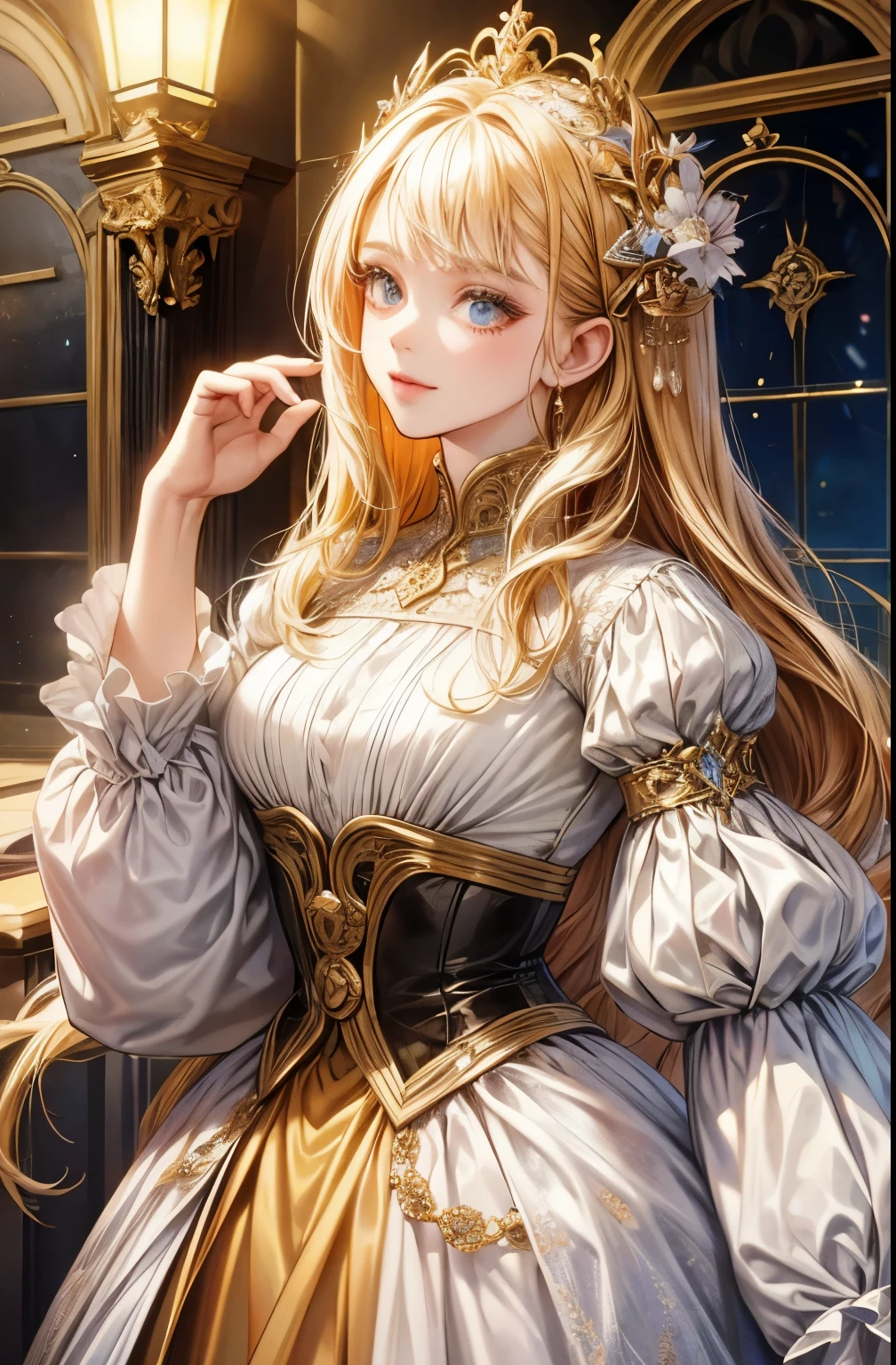 A girl in a baroque-style setting, wearing a long dress with long sleeves. Her attire is elegant and her dress has vibrant colors. The focus of the image is on the girl's upper body. The image should have the highest quality and be ultra-detailed.