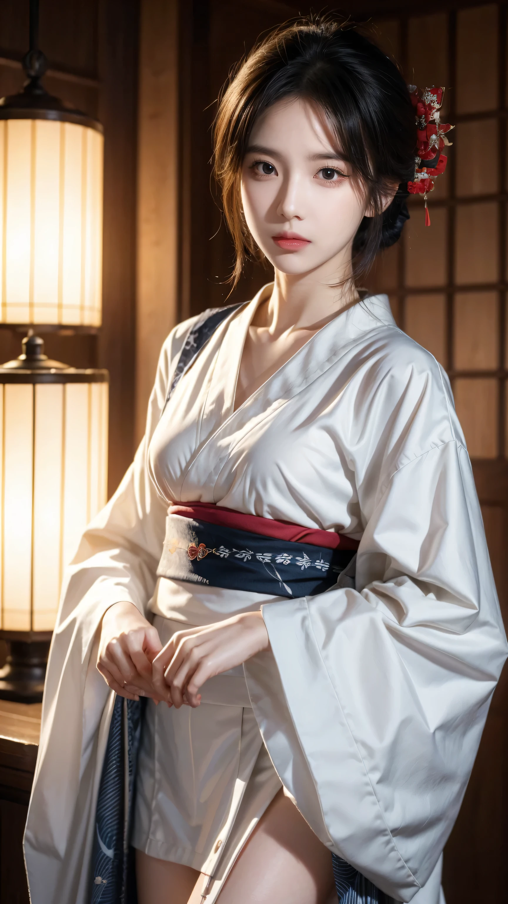 fair, masterpiece, best quality, Extremely detailed face, Perfect lighting, 1 Girl, Solitary, Makai Ryuko, Japanese clothes, kimono, short kimono, Cowboy shooting