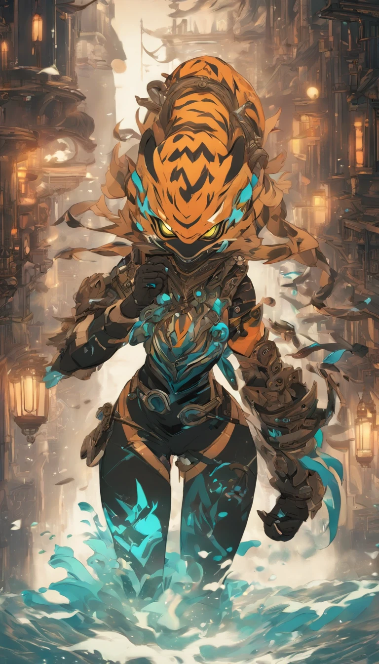 Chinese ink style,Steampunk world,Tiger-shaped steampunk warframe girl,Jet steam is suspended in the city air,Ink animation art,Ink comic art,water ink,ink,Smudge,8K,Delicately portrayed,Works of masters,Black and white tones