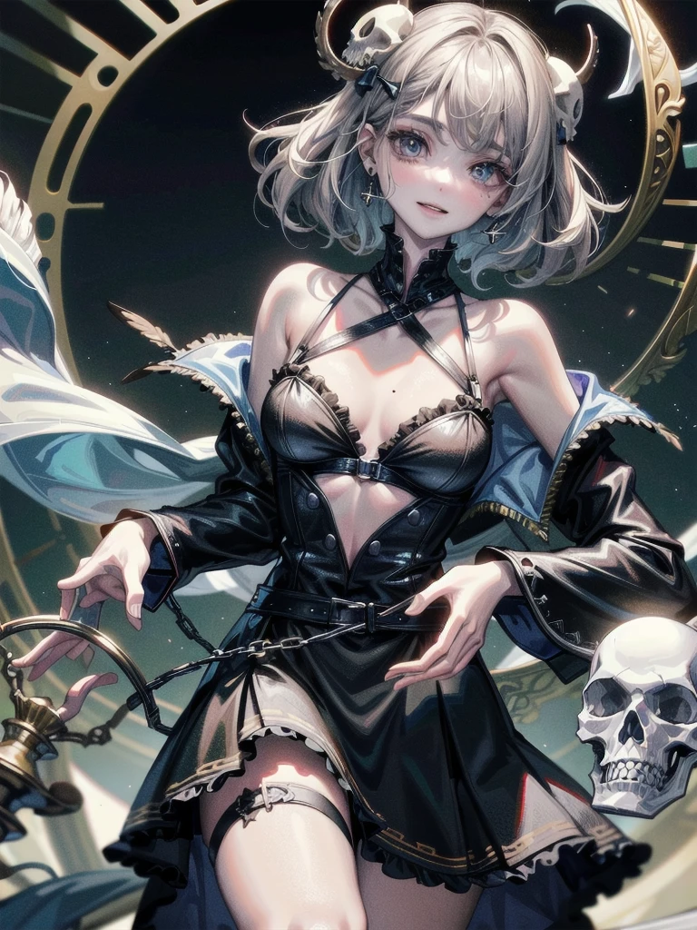 whole body, creepy room, skirt, shirt, long sleeves, frills, smile, creepy, skulls, candle, hair ornament, bone, doll, tapestry, Magic Circle, horror theme, absurdres, RAW photo, extremely delicate and beautiful, masterpiece, Best Quality, ultra high resolution, 32k, hyperrealistic, ultra-detailed, detailed description, pale skin, 20 years old, detailed beautiful face and eyes, tearful mole, earring, Colossal tits, short medium hair, wavy hair,
