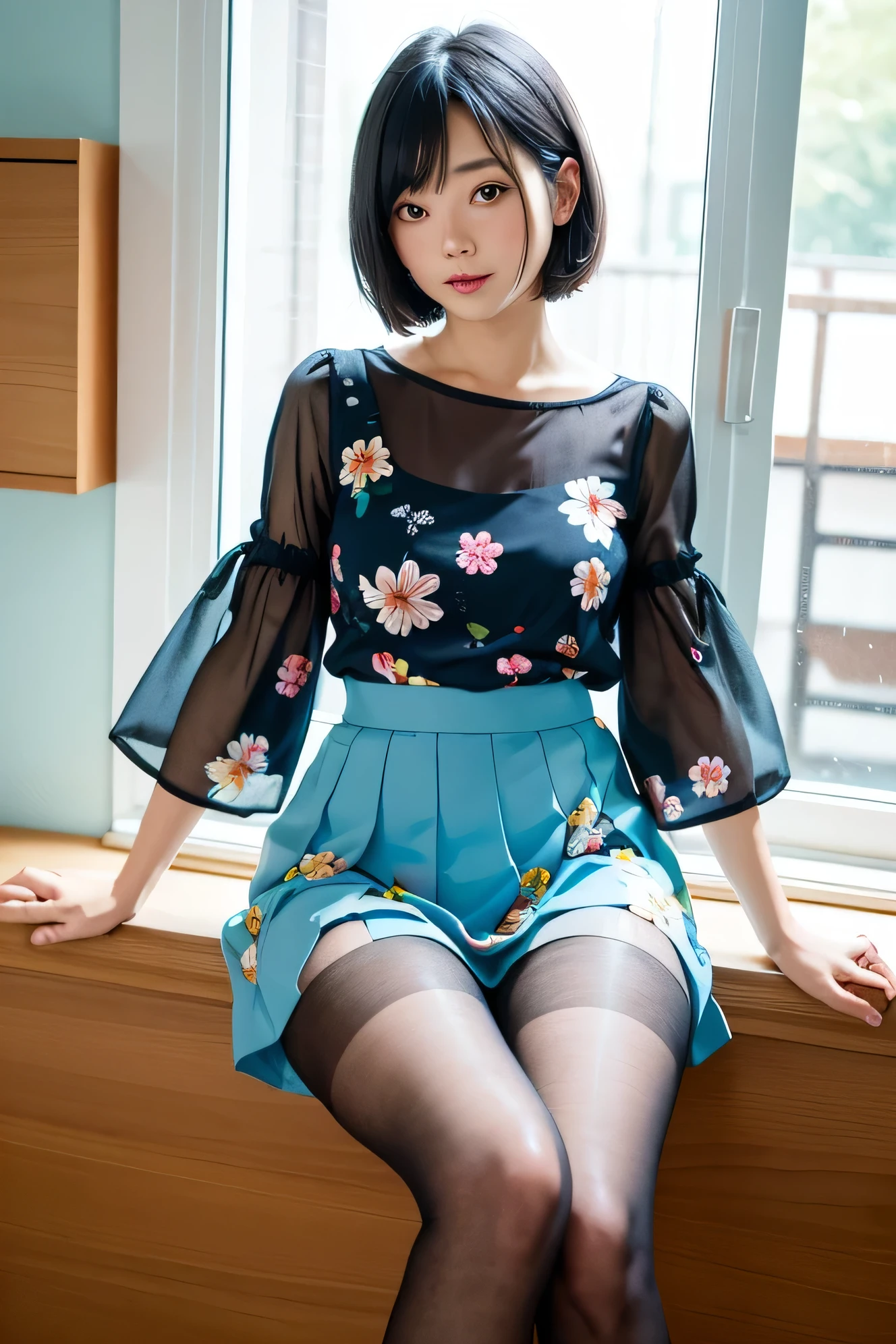 (High Definition), One Female, Japan Person, Cute, Black Hair Short, wearing Floral Print Round Neck Short Bubble Sleeve Blouse & Floral Print flair Long SKIRT, see-through for Female, Solid Minimalist Tights Baby blue, nsfw, Straddling a chair, spread leggs, by window at large Coffee & Sweets room, Cup of coffee, Natural Light,