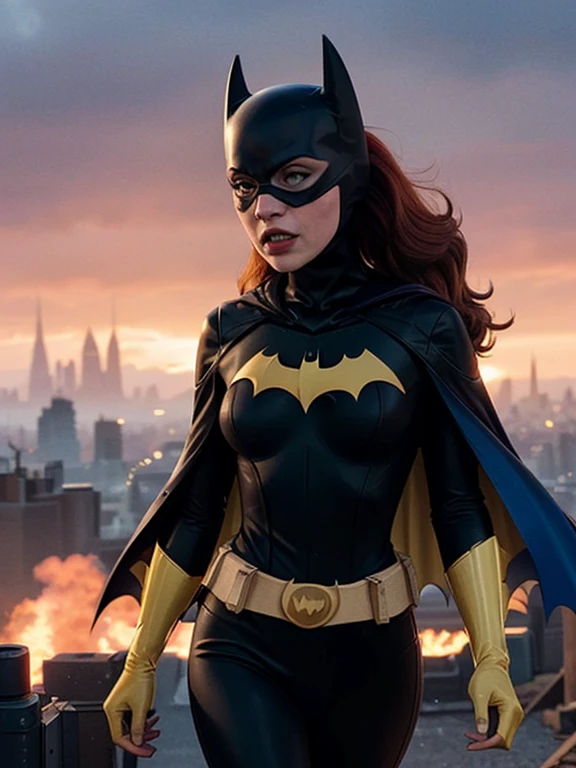 score_9, score_8_up, score_7_up, score_6_up, 1girl, solo, batgirl is running in front of an explosion, mask, black lips, red hair, belt, torn bodysuit, black bodysuit, sideboob, pointy breasts, cape, yellow gloves, gotham city, red sky, dirigible, bloom