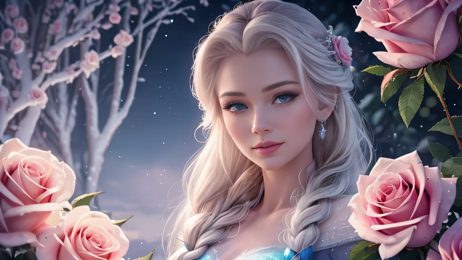 best quality,highres,ultra-detailed,realistic,Embrace the enchanting beauty of Elsa amidst roses, where Frozen magic meets the warmth of love on this Rose Day