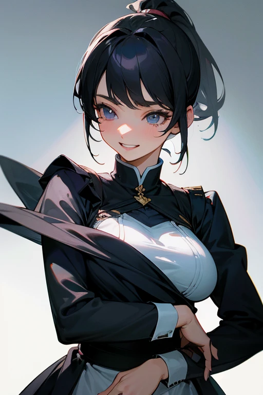 (Highest Resolution, clear_image) highest quality, Single person, One Woman, alone, masterpiece, Very detailed, Semi-realistic, Black Hairのショートヘア, Black Hair, bangs, 18-year-old, mature, light blue uniform, uniform, Indoor Background, kind, Authoritative, Powerful, exquisite features, exquisite features、Eyelashes become longer、Showing teeth、smile😀、Maid clothes、ponytail、Medium breast、