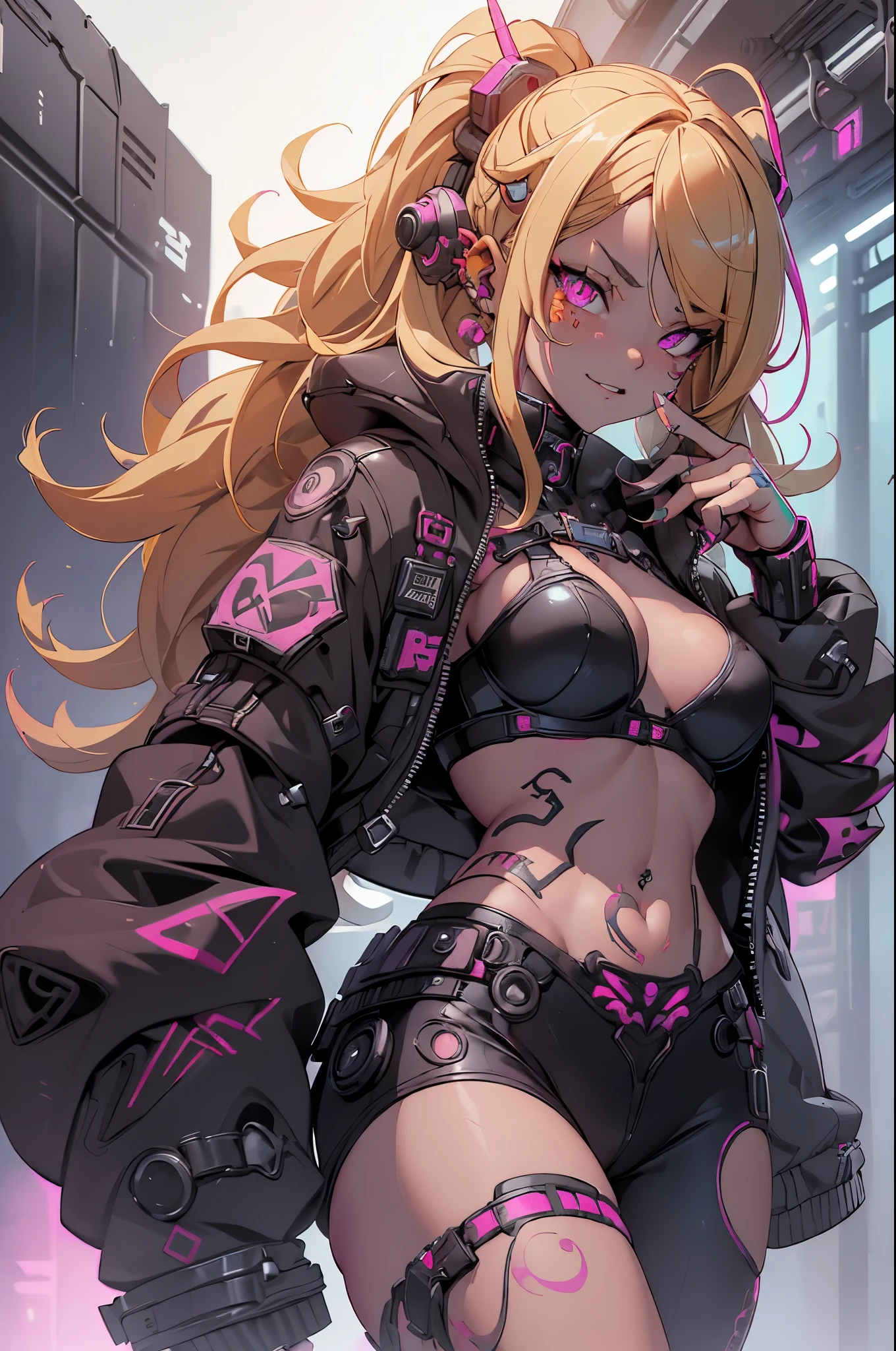 One girl, Rebecca (cyber punk),(( whole body:1.5)), alone, Blonde braids, glowing red eyes,Laugh fearlessly, Leg Tattoos, Neck Tattoo, Large Breasts, Black bra, String, Red pupils, Black jacket、cyber punkの背景、cyber punkの街:1.5))、Dynamic Angle、Fighting Pose,