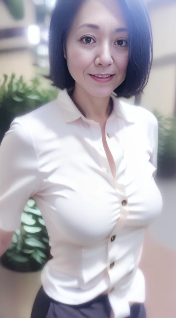 ((best quality, 8k, masterpiece :1.3)), Be focused :1.2, Beautiful woman，Have a perfect body :1.4, Lean abdominal muscles :1.2, ((Layered Hairstyle, Large Breasts :1.2)), (wet White Button-Down Shirt :1.1), (rain, street:1.2), wet :1.5, Highly detailed face and skin texture, Delicateeyes, Double eyelids