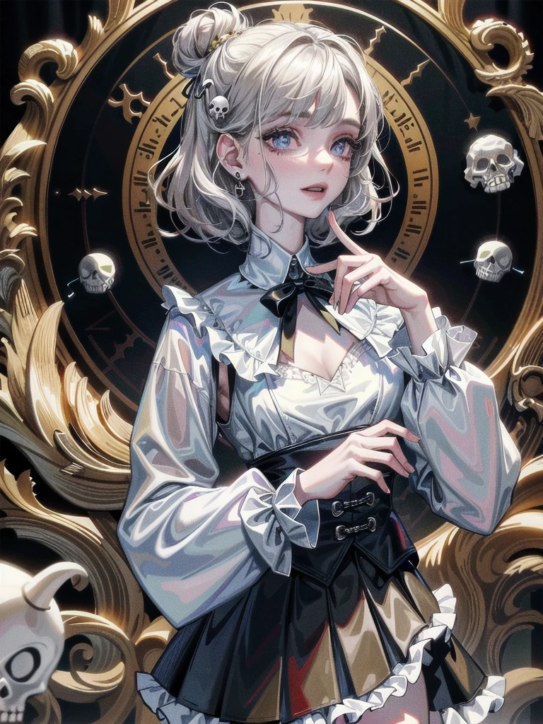whole body, in creepy room, skirt, shirt, long sleeves, frills, smile, creepy, skulls, candle, hair ornament, bone, doll, tapestry, Magic Circle, horror theme, absurdres, RAW photo, extremely delicate and beautiful, masterpiece, Best Quality, ultra high resolution, 32k, hyperrealistic, ultra-detailed, detailed description, pale skin, 20 years old, detailed beautiful face and eyes, tearful mole, earring, Colossal tits, short medium hair, wavy hair, 