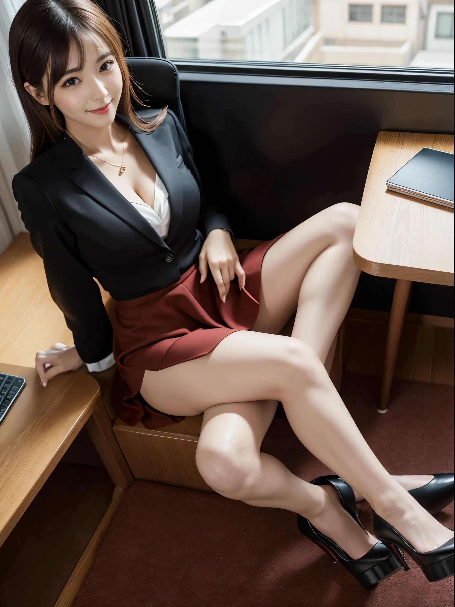 Top view、beauty secretary、office、Woman sitting cross-legged、(Brown eyes、Double eyelids、Sparkling Eyes、Very beautifully detailed eyes)、Dark red traditional suit、White tight skirt、Cleavage(Very large breasts、Very thin and long legs、Perfect figure、High heels、whole body、smile)、1 female、No makeup、21 years old、(masterpiece、8K,RAW Photos、High resolution:1.4)、window