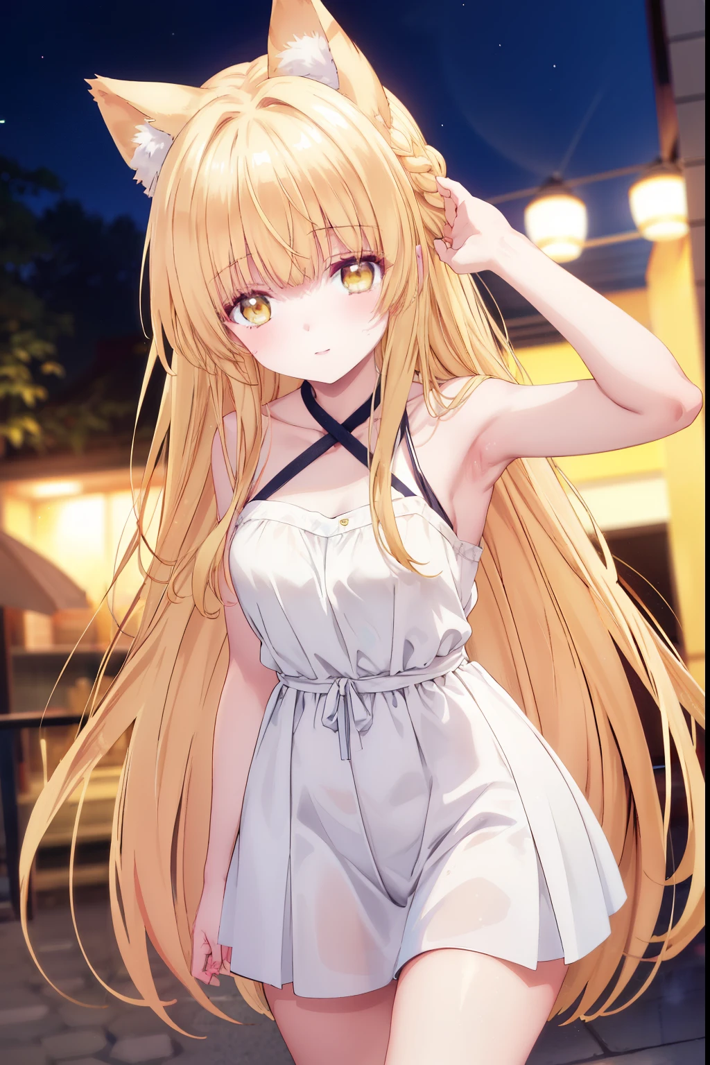 Mahiru shiina, , blonde, (Yellow Eyes:1.3)、Braided long hair,,blush,smile,Captivating thighs、Beautiful bare legs, Sideways armpit、Wearing cat ears、Cat's Tail、She's very clingy、Cat ears grow、Cat Pose、With a tail、Different world、Being in the forest、a lot of energy
(masterpiece:1.2), highest quality, High resolution, unity 8k wallpaper, (shape:0.8), (Beautiful and beautiful eyes:1.6), Highly detailed face, Perfect lighting, Extremely detailed CG, (Perfect hands, Perfect Anatomy),