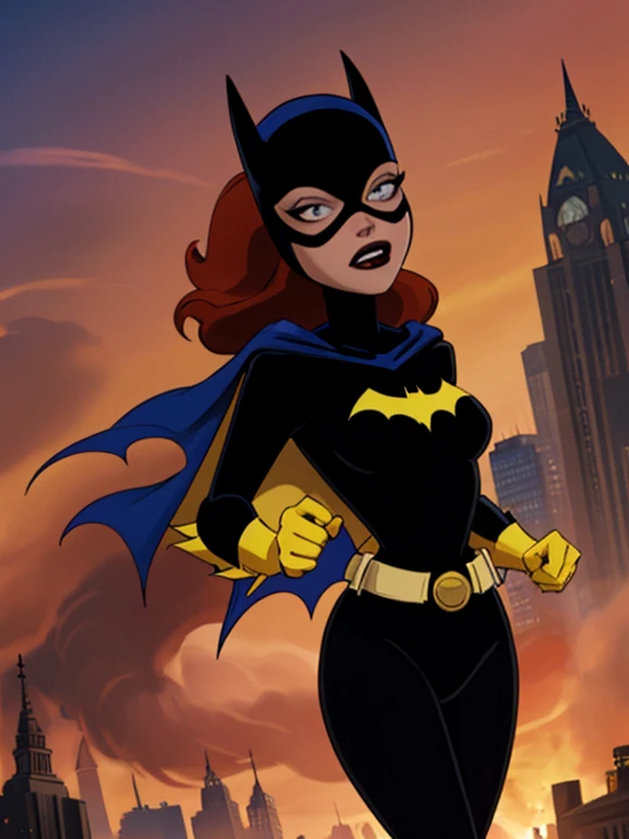 score_9, score_8_up, score_7_up, score_6_up, 1girl, solo, batgirl is running in front of an explosion, mask, black lips, red hair, belt, torn bodysuit, black bodysuit, sideboob, pointy breasts, cape, yellow gloves, gotham city, red sky, dirigible, bloom