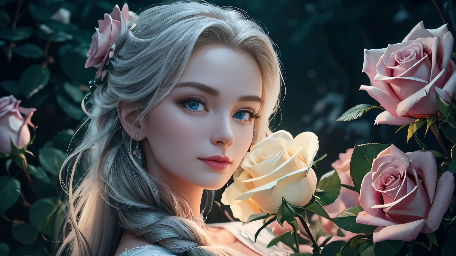 best quality,highres,ultra-detailed,realistic,Embrace the enchanting beauty of Elsa amidst roses, where Frozen magic meets the warmth of love on this Rose Day