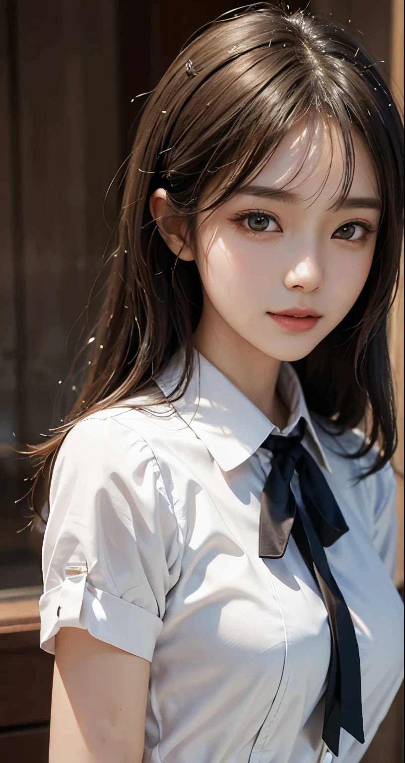 masterpiece, 1 beautiful girl, detailed, Swollen eyes, highest quality, 超High resolution, (reality: 1.4), Original photo, One girl, Cinema Lighting, smile, Japanese, Asian Beauty, Korean, clean, so beautiful, Small young face, Beautiful Skin, thin, Cyberpunk Background, (Ultra-realistic), (High resolution), (8k), (非常にdetailed), (Best illustrations), (Beautiful and detailed eyes), (非常にdetailed), (wallpaper), (detailedな顔), Viewers are watching, The finer details, detailedな顔, Pure Erotic Face Ace_v1, smile, 46 point diagonal bangs, Look straight ahead, Neat (fashionable, Plain, Folding collar, irregular, shirt feel, Date Dress), Body facing forward, Realistic photos,