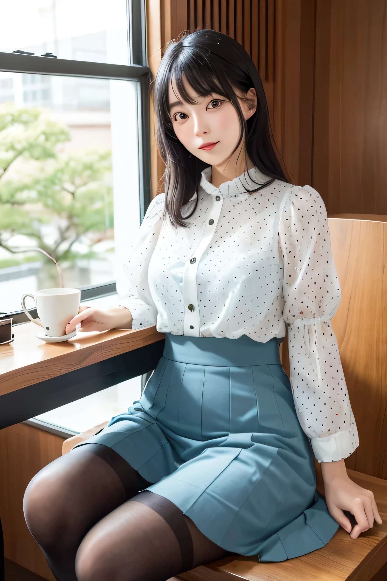 (High Definition), One Female, Japan Person, Cute, Black Hair Short, wearing Solid Button Front Puff Sleeve Blouse & Floral dot flair Long SKIRT, see-through for Female, Solid Minimalist Tights Baby blue, nsfw, Straddling a chair, spread leggs, by window at large Coffee & Sweets room, Cup of coffee on a table, Natural Light,