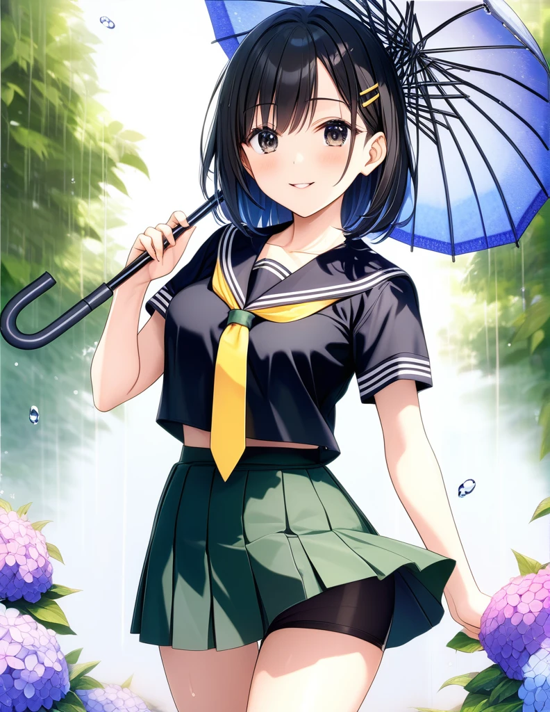 (masterpiece,best quality,ultra detailed,:1.2),CG,a beautiful and cool japanese girl,shiny skin,shiny hair,black hair,forehead,medium length hair,shiny eyes,round eyes,black eyes,smile,handing umbrella,looking back at viewer,{{{medium breasts}}},hairclip,sailor collar,yellow necktie,dark green skirt,Hydrangeas macrophylla garden,heavy rain,2000