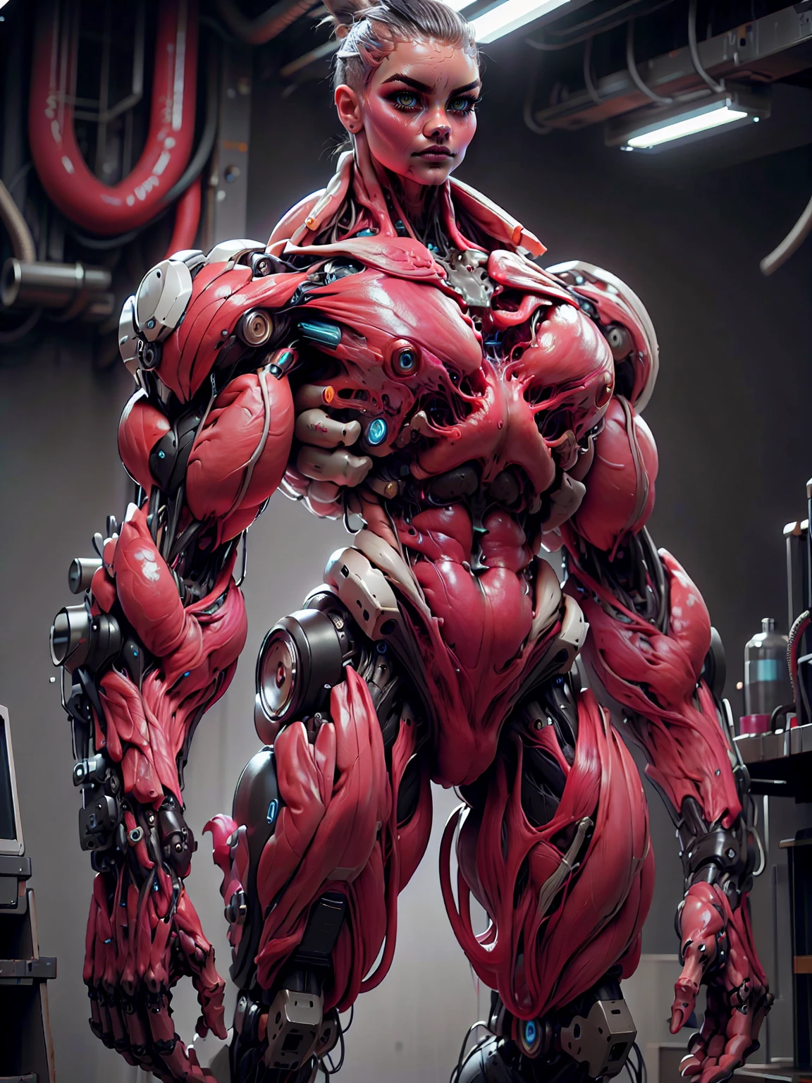(1 girl), (cara delevingne), (muscular android girl wearing a black anatomic cybernetic muscle suit:1.25), (wide shoulders:1.25), (muscular defined physique:1.25), perfect hands, long hair, large breasts, looking at viewer, high resolution image, extreme detail, blank background