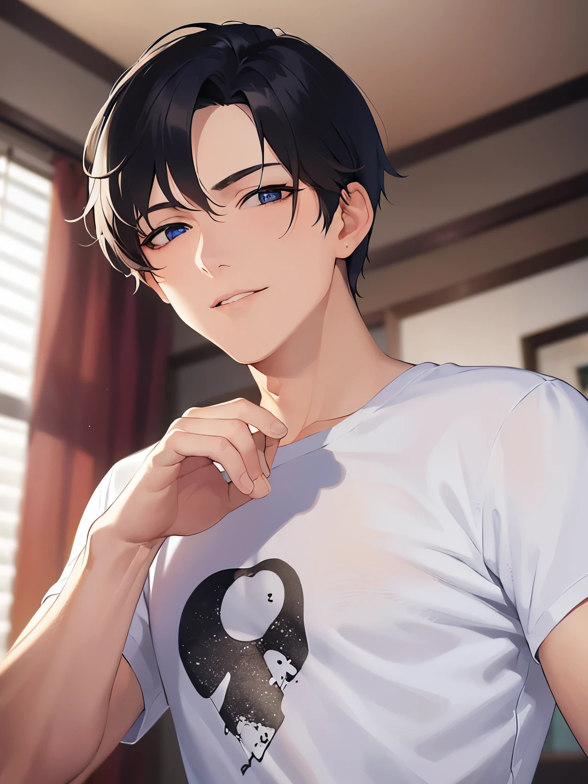 Clenching fists、Biologically correct five fingers、extremely detailed CG, 8k, super fine illustration, close-up of your face, masterpiece, top quality, masterpiece, top quality, (25 year old man: 1.5) and (short black hair) and (blue eyes) , (white T-shirt:1.5), standing, smile, The background is the living room, (alone: ​​​​​​1.5),