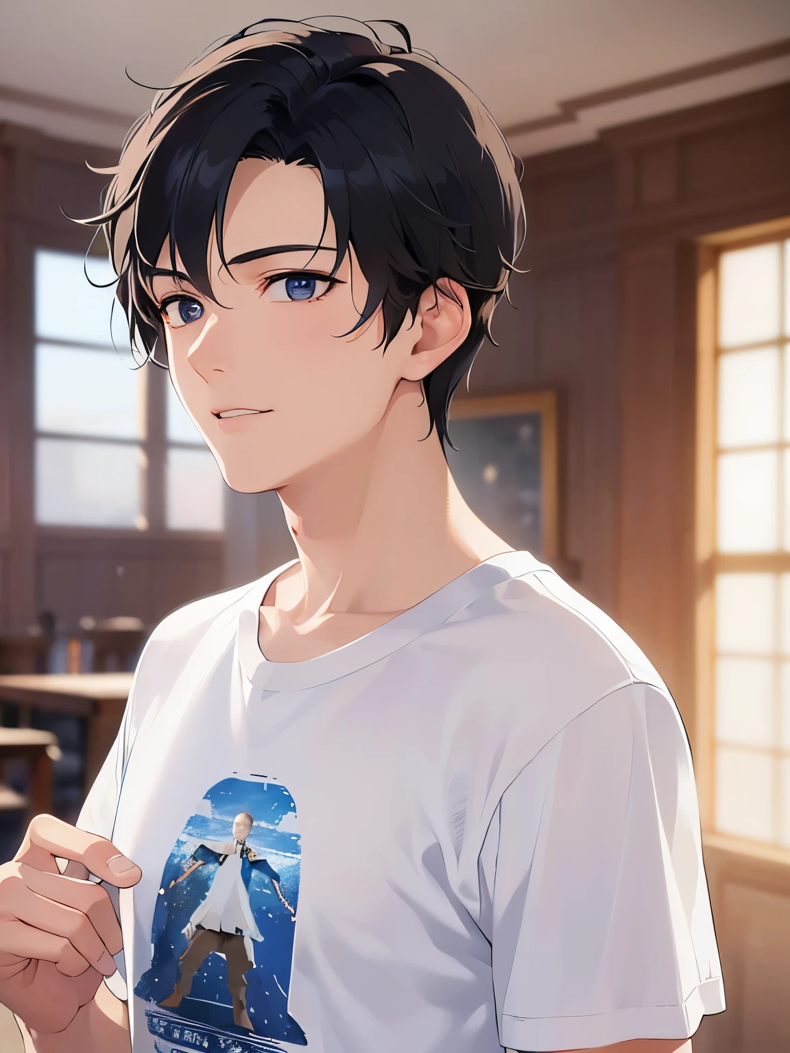 Clenching fists、Biologically correct five fingers、extremely detailed CG, 8k, super fine illustration, close-up of your face, masterpiece, top quality, masterpiece, top quality, (25 year old man: 1.5) and (short black hair) and (blue eyes) , (white T-shirt:1.5), standing, smile, The background is the living room, (alone: 1.5),