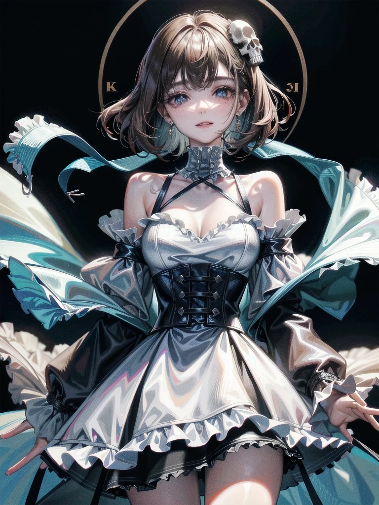 whole body, inside basement, skirt, shirt, long sleeves, frills, smile, creepy, skulls, candle, hair ornament, bone, doll, tapestry, Magic Circle, horror theme, absurdres, RAW photo, extremely delicate and beautiful, masterpiece, Best Quality, ultra high resolution, 32k, hyperrealistic, ultra-detailed, detailed description, pale skin, 20 years old, detailed beautiful face and eyes, tearful mole, earring, Colossal tits, short medium hair, wavy hair,