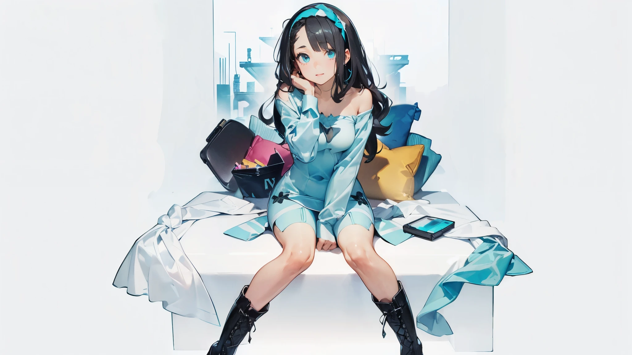 (maximum resolution: 1.2), (ultra high definition:1.2), cinema light, 8K resolution, fine eyes and skin, detailed face, perfect style, cute face, Accurate, anatomically correct, Highly detailed face and skin texture, beautiful and meticulous droopy eyes, 23 years old, (black hair:1.5), long hair, parted bangs, blue eyes, (white hairband:1.5), (long sleeves one-piece patternless dark cyan shirt:1.5), (tights:1.2), (boots:1.5), sitting sexy posing,
