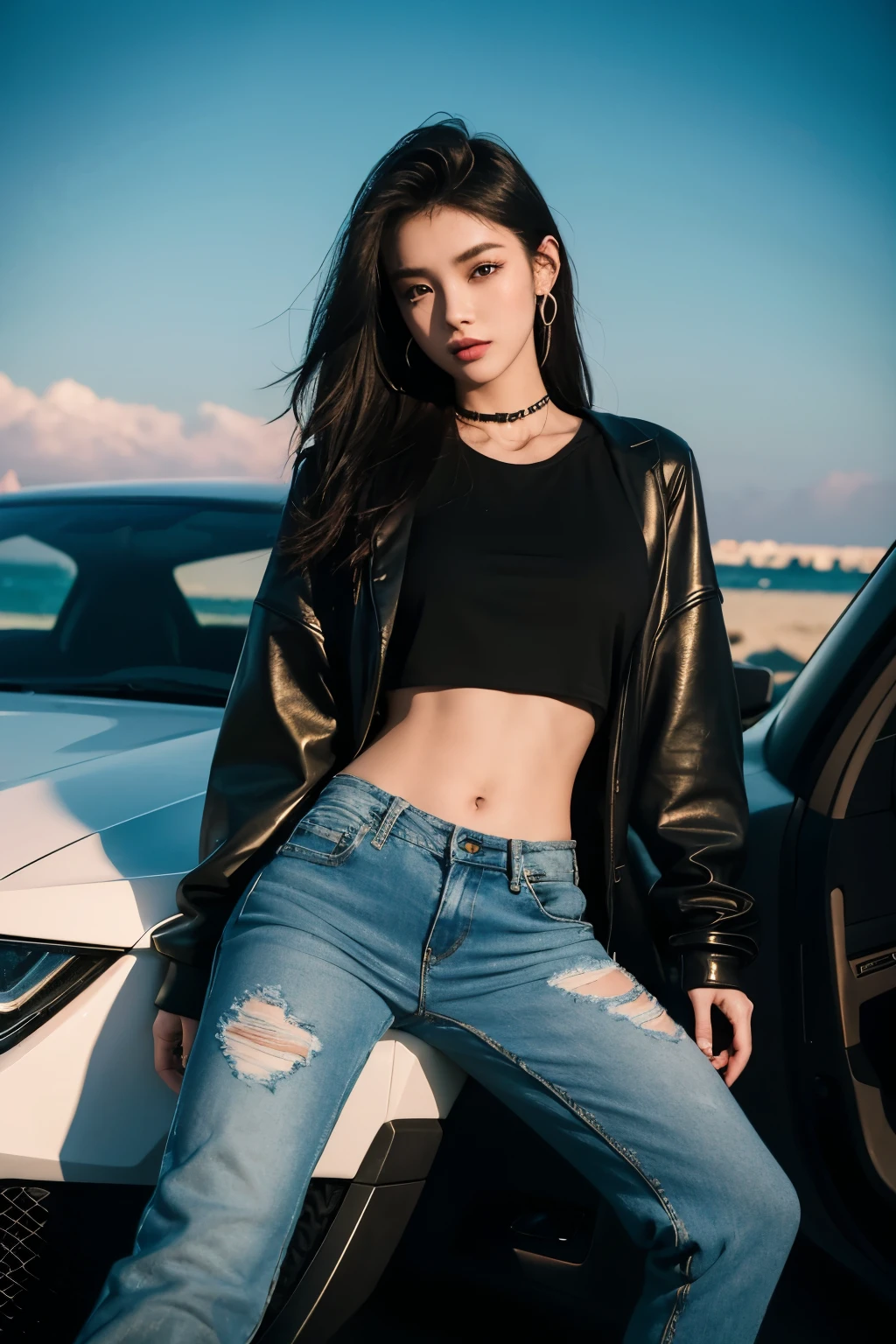 4K，Cyberpunk，Vaporwave，High contrast，On the beach by the sea，A luxury car，A boy and a girl are sitting on the hood，Have a tattoo，Piercings on the face，Girls wearing tight camouflage tops，Wear loose jeans，Boys wear loose oversize,Laugh heartily，Healthy complexion