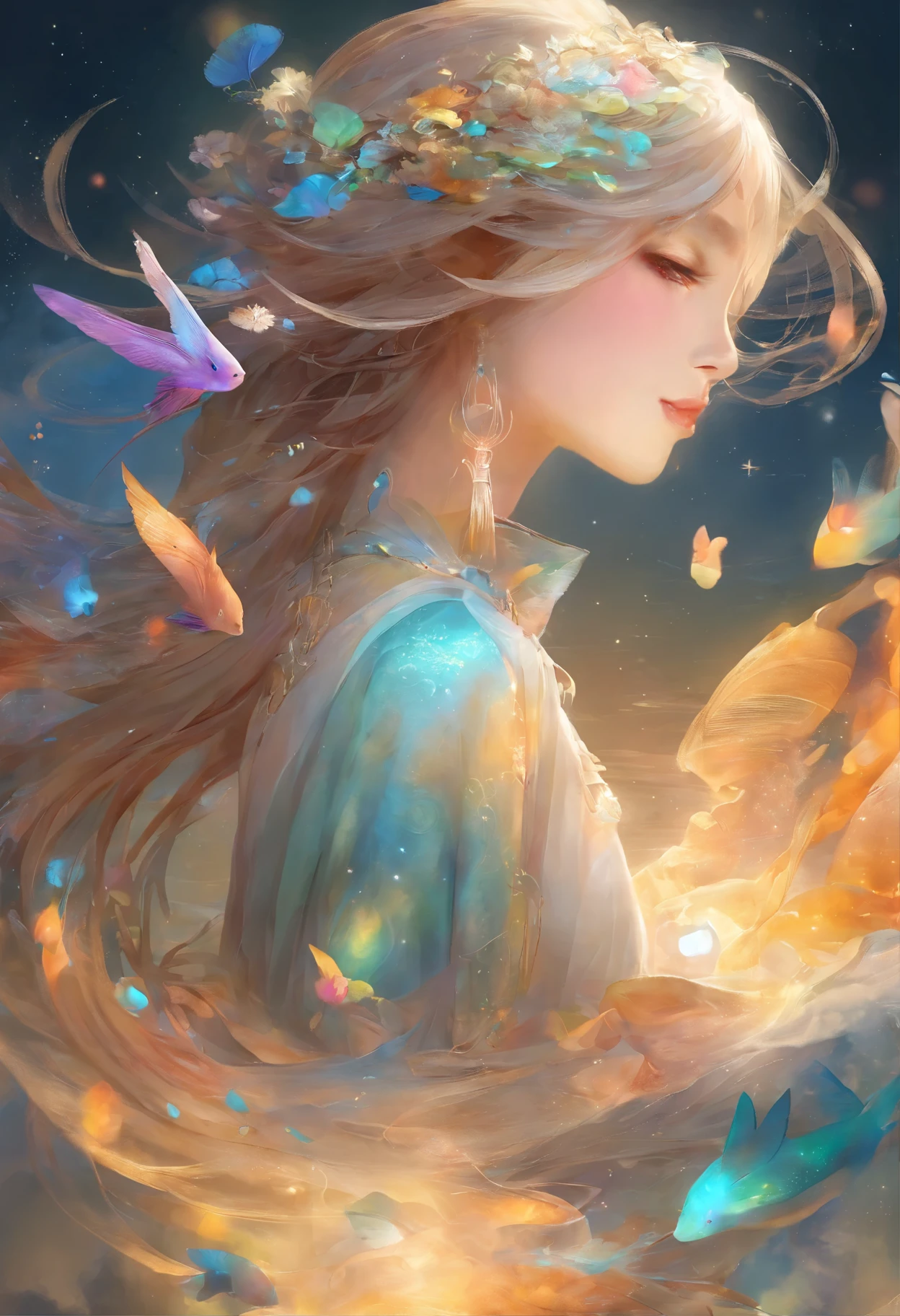 太陽はShine，Edges shine，Inner brilliance，One Fish，Betta，Nice tail，colorful，Wandering in the clouds，（White cloud），colorful light，Rainbow-colored，Shine，（Irregular light spots），High-end products，8k，detailed，Ray Tracing，Depth of written boundary，Cinema lighting，