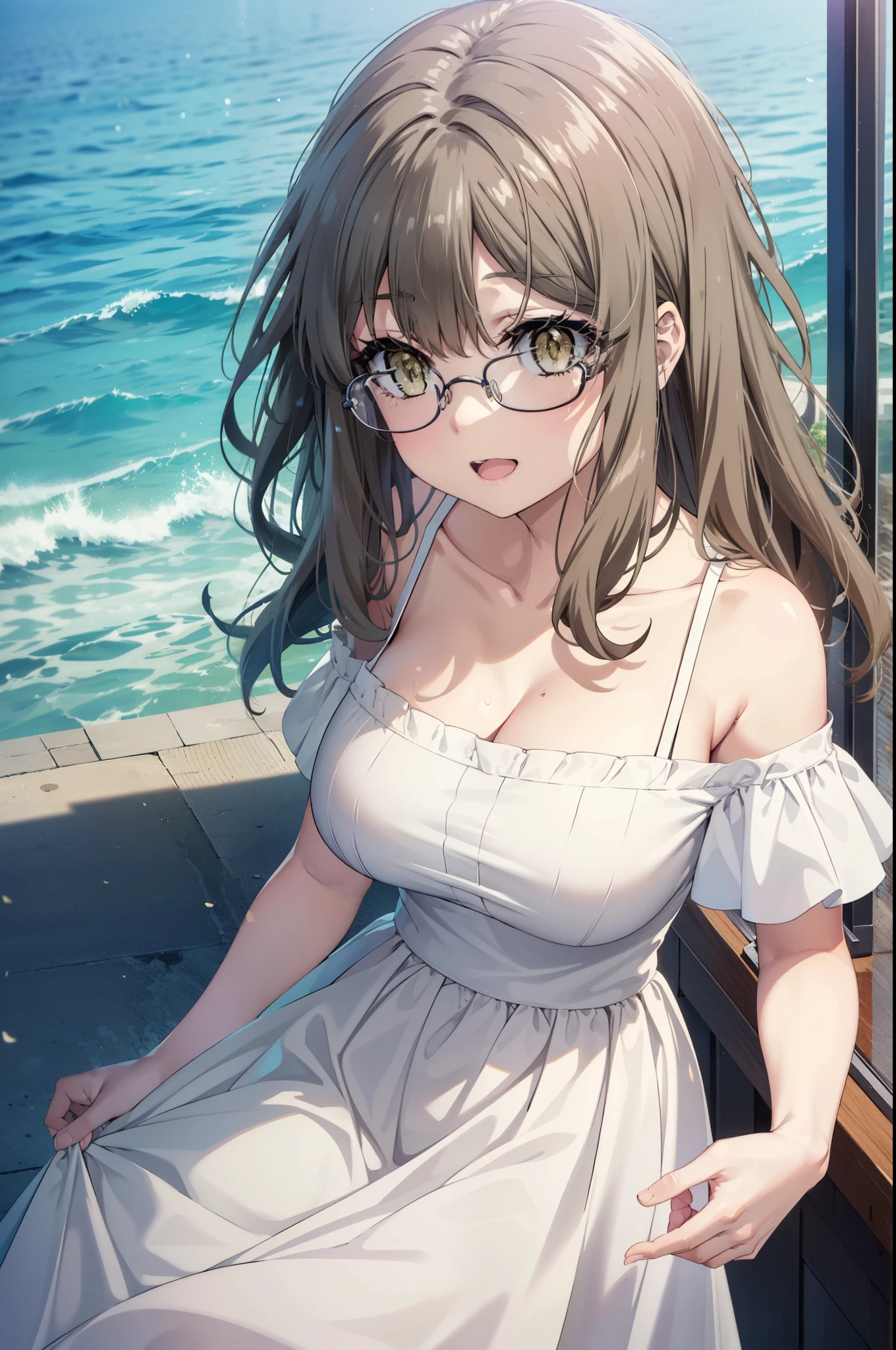 riofutaba, rio futaba, Long Hair, Brown Hair, (Brown eyes:1.5), Big Breasts,Glasses,happy smile, smile, Open your mouth,Off-the-shoulder dress,bare clavicle,Bare shoulders,Bare neck,Long skirt,Cute heeled sandals,Real Summer,Daytime,sunny,whole bodyがイラストに入るように,crowd, people々々々
break outdoors, city,Coastal Road,
break looking at viewer, whole body,
break (masterpiece:1.2), highest quality, High resolution, unity 8k wallpaper, (shape:0.8), (Beautiful details:1.6), Highly detailed face, Perfect lighting, Extremely detailed CG, (Perfect hands, Perfect Anatomy),