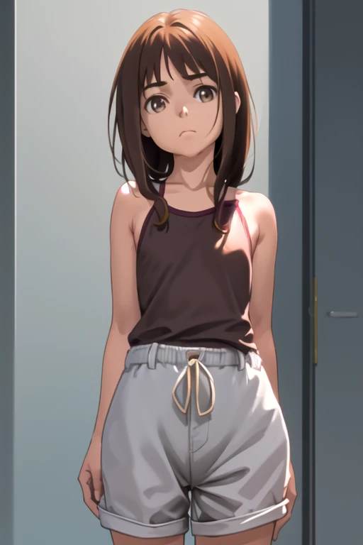 1girl, standing upright, hands down, (from front:2), medium brown hair,  closed mouth, small breasts, flat chest, arms behind back, 