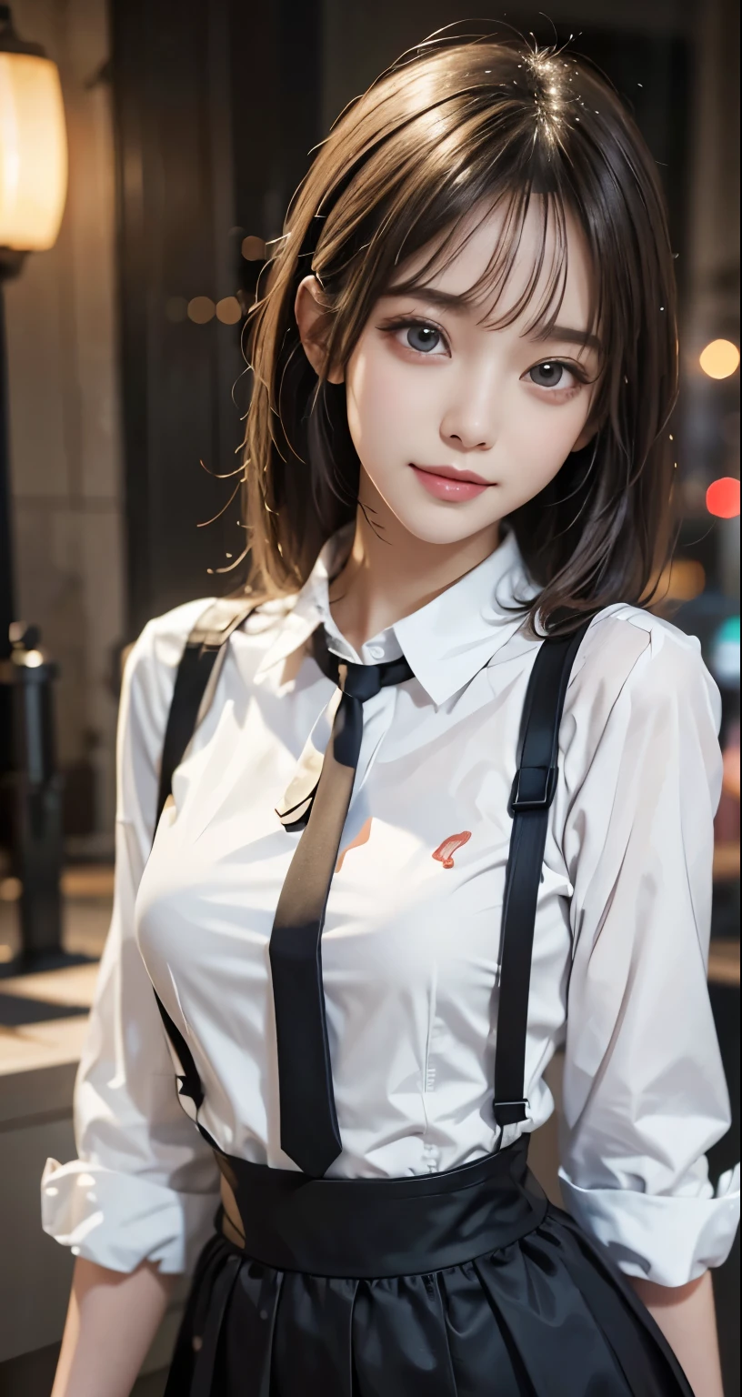 masterpiece, 1 beautiful girl, detailed, Swollen eyes, highest quality, 超High resolution, (reality: 1.4), Original photo, One girl, Cinema Lighting, smile, Japanese, Asian Beauty, Korean, clean, so beautiful, Small young face, Beautiful Skin, thin, Cyberpunk Background, (Ultra-realistic), (High resolution), (8k), (非常にdetailed), (Best illustrations), (Beautiful and detailed eyes), (非常にdetailed), (wallpaper), (detailedな顔), Viewers are watching, The finer details, detailedな顔, Pure Erotic Face Ace_v1, smile, 46 point diagonal bangs, Look straight ahead, Neat (fashionable, Plain, Folding collar, irregular, shirt feel, Date Dress), Body facing forward, Realistic photos,
