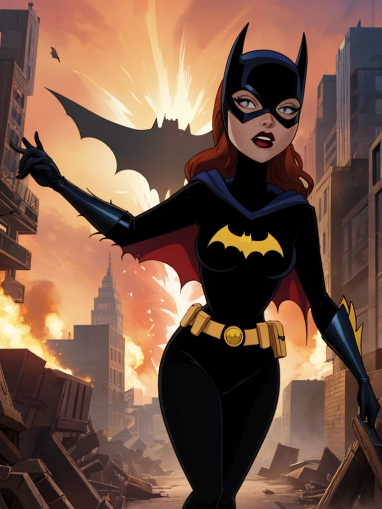 score_9, score_8_up, score_7_up, score_6_up, 1girl, solo, batgirl is running in front of an explosion, mask, black lips, red hair, belt, torn bodysuit, black bodysuit, sideboob, pointy breasts, cape, yellow gloves, gotham city, red sky, dirigible, bloom