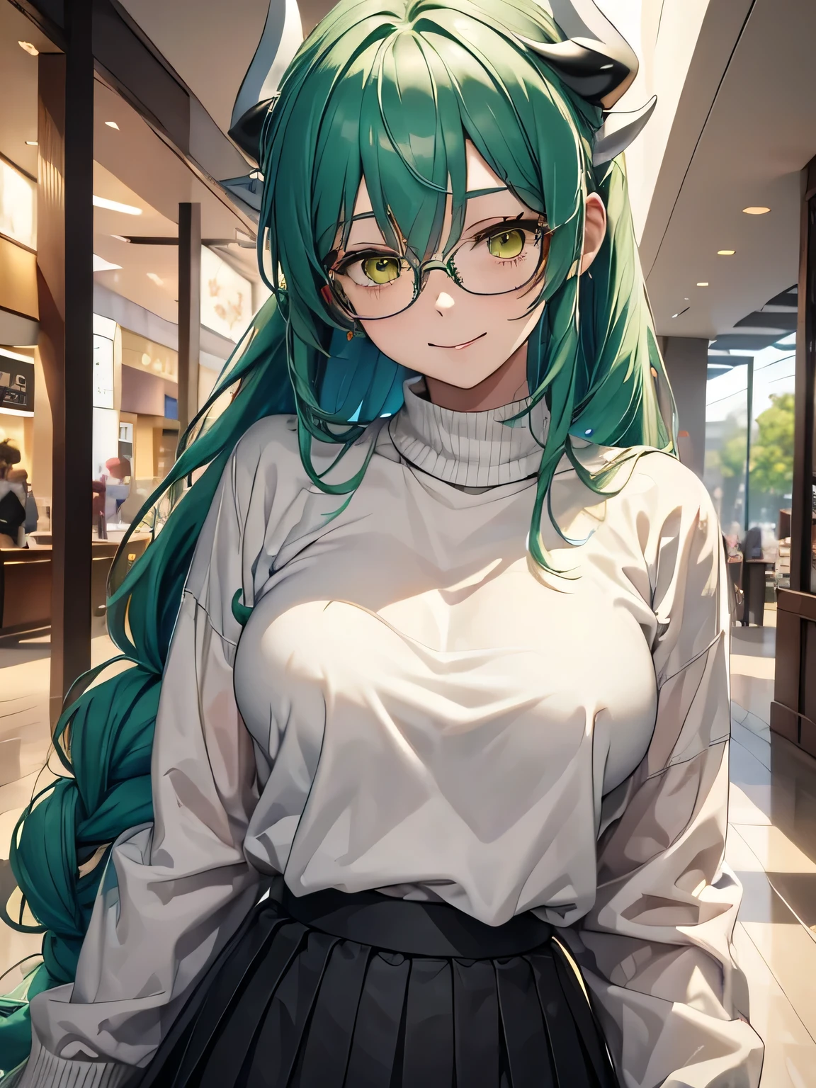 (masterpiece, best quality:1.4), 8k, Green Hair, Messy Braided hair, White horns, Young adult, anime girl, smile, teasing, light yellow Eyes, big chest, in the Mall, White Sweater, White Glasses, Black Skirt (detailed eyes and face, sharp pupils, realistic pupils:0.6)