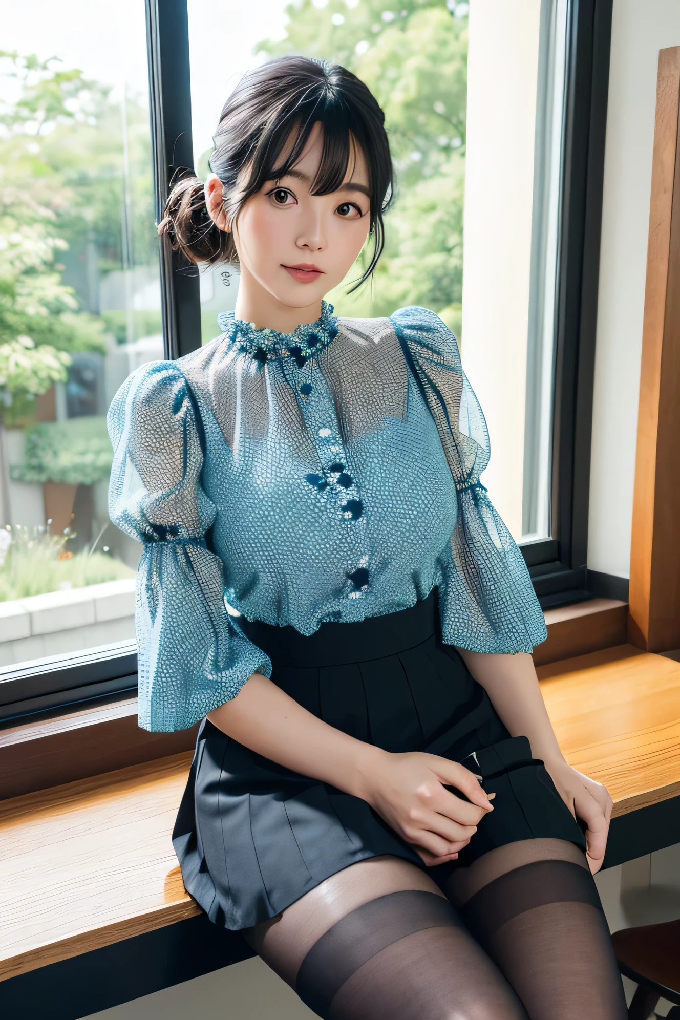 (High Definition), One Female, Japan Person, Cute, Black Hair Short, wearing Floral Print Round Neck Puff Sleeve Blouse & Floral dot Single Breasted Flare Skirt Long, see-through for Female, Solid Tights Baby blue, nsfw, Straddling on a chair, spread leggs, by window at large Coffee & Sweets room, Cup of coffee on a table, Natural Light,