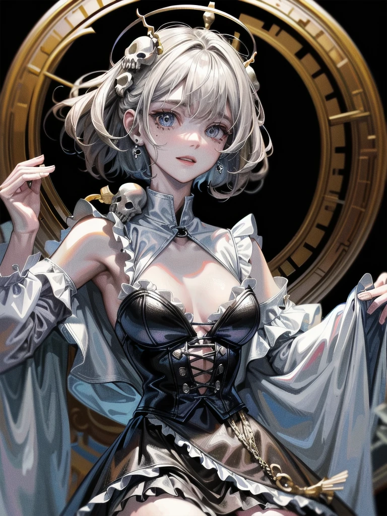 whole body, ((inside basement)), skirt, shirt, long sleeves, frills, smile, creepy, skulls, candle, hair ornament, bone, doll, tapestry, Magic Circle, horror theme, absurdres, RAW photo, extremely delicate and beautiful, masterpiece, Best Quality, ultra high resolution, 32k, hyperrealistic, ultra-detailed, detailed description, pale skin, 20 years old, detailed beautiful face and eyes, tearful mole, earring, Colossal tits, short medium hair, wavy hair,