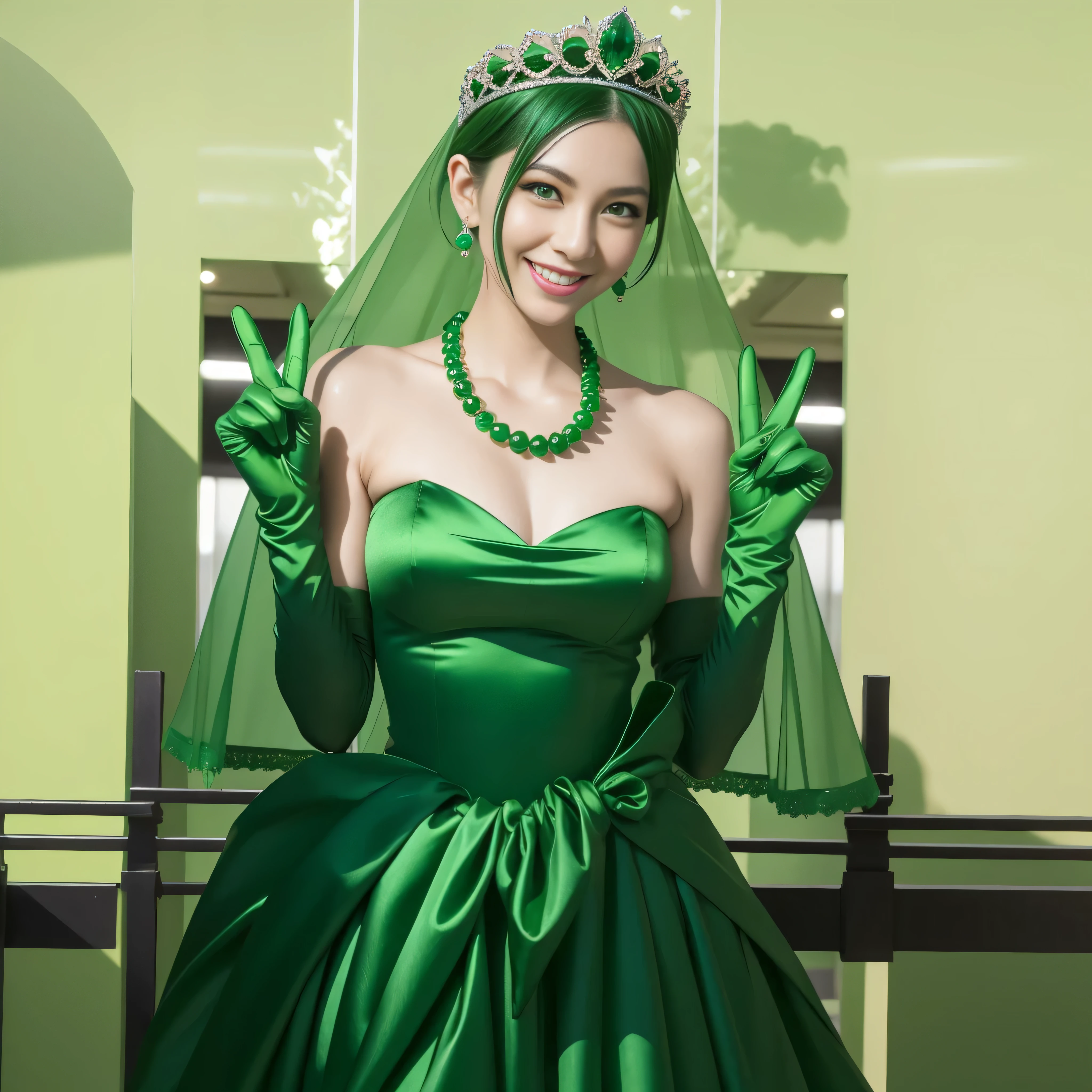 Emerald tiara, Green Pearl Necklace, Boyish very short green hair, lipstick, Smiling Japanese woman, Very short hair, Big and beautiful, Green Eyes, Long green satin gloves, Green Eyes, v sign, Emerald Earrings, Green veil
