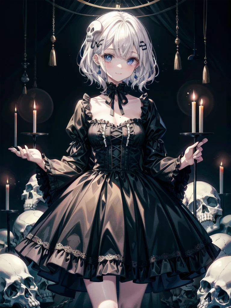 whole body, inside basement, skirt, shirt, long sleeves, frills, smile, creepy, skulls, candle, hair ornament, bone, doll, tapestry, Magic Circle, horror theme, absurdres, RAW photo, extremely delicate and beautiful, masterpiece, Best Quality, ultra high resolution, 32k, hyperrealistic, ultra-detailed, detailed description, pale skin, 20 years old, detailed beautiful face and eyes, tearful mole, earring, Colossal tits, short medium hair, wavy hair, 