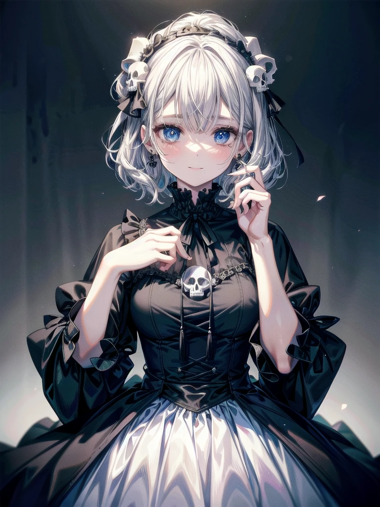 whole body, inside basement, skirt, shirt, long sleeves, frills, smile, creepy, skulls, candle, hair ornament, bone, doll, tapestry, Magic Circle, horror theme, absurdres, RAW photo, extremely delicate and beautiful, masterpiece, Best Quality, ultra high resolution, 32k, hyperrealistic, ultra-detailed, detailed description, pale skin, 20 years old, detailed beautiful face and eyes, tearful mole, earring, Colossal tits, short medium hair, wavy hair,