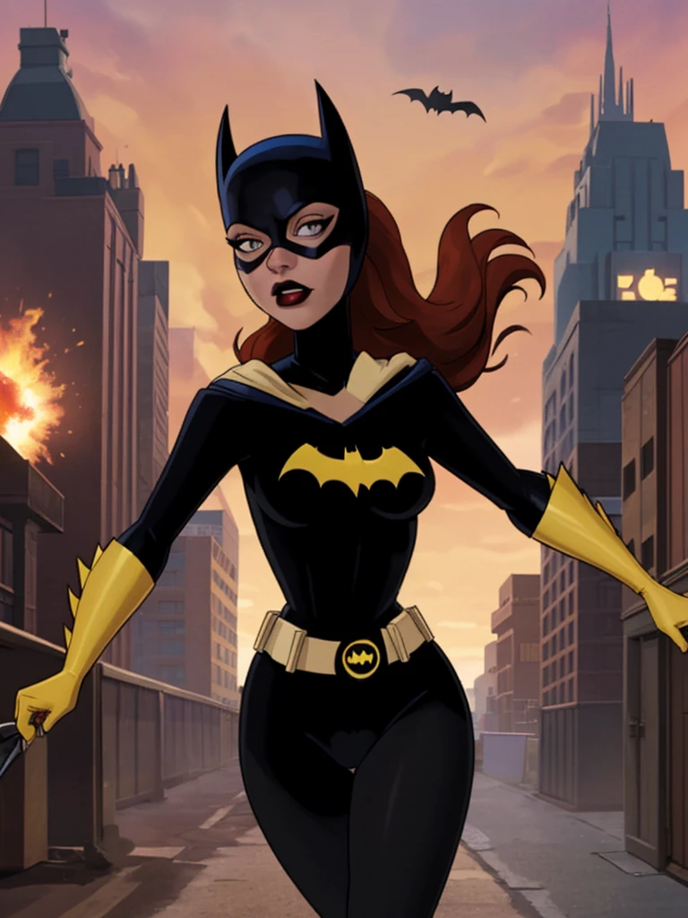 score_9, score_8_up, score_7_up, score_6_up, 1girl, solo, batgirl is running in front of an explosion, mask, black lips, red hair, belt, torn bodysuit, black bodysuit, sideboob, pointy breasts, cape, yellow gloves, gotham city, red sky, dirigible, bloom