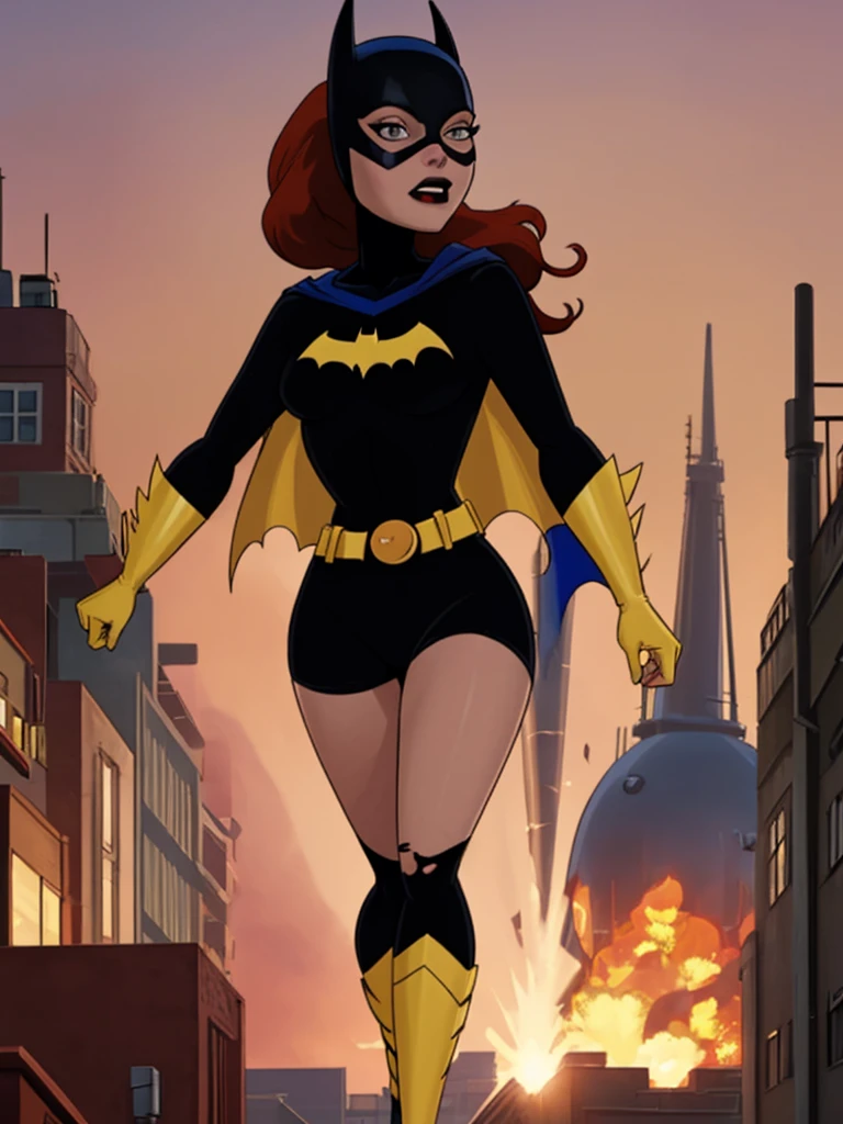 score_9, score_8_up, score_7_up, score_6_up, 1girl, solo, batgirl is running in front of an explosion, mask, black lips, red hair, belt, torn bodysuit, black bodysuit, sideboob, pointy breasts, cape, yellow gloves, gotham city, red sky, dirigible, bloom