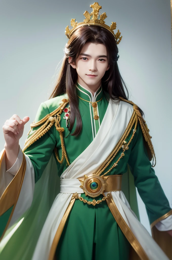 1man, green suit, as king, crown, smile, red eyes, white long hair,