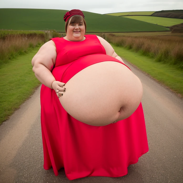 Extremely Hyperpregnant Welsh woman with huge belly wearing a dress