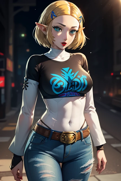 Zelda, green eyes, short hair ,1girl, solo, standing, black t-shirt, white shirt, blue jeans, belt, lipstick, large breasts, layered sleeves