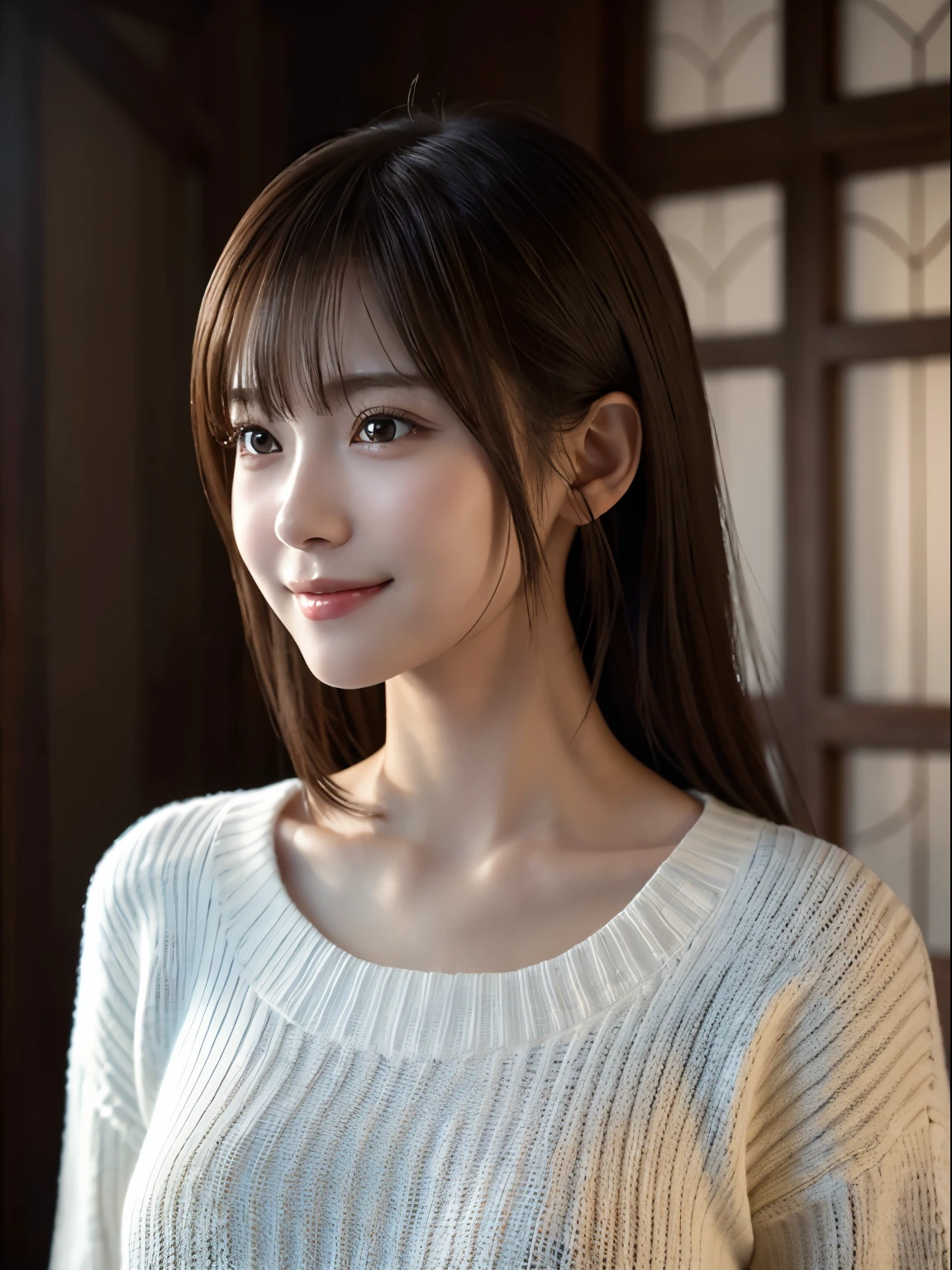 1 Japanese girl,(White sweater:1.4), (RAW Photos, highest quality), (Realistic, Photorealistic:1.4), Tabletop, Very delicate and beautiful, Very detailed, 8k wallpaper, wonderful, In detail, Very detailedなCG Unity, High resolution, Soft Light, Beautiful Details 19 years old, Very detailedな目と顔, Beautifully detailed nose, Beautiful fine details,Cinema Lighting,Perfect Anatomy,Slender body,smile (Asymmetrical bangs,)