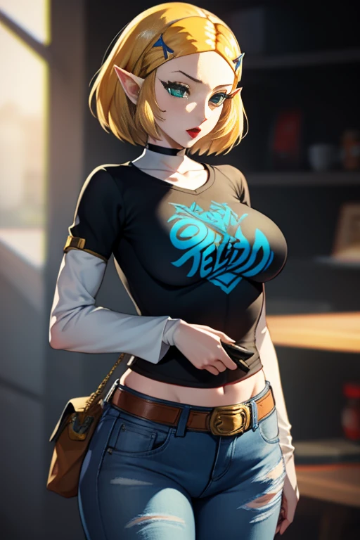 Zelda, green eyes, short hair ,1girl, solo, standing, black t-shirt, white shirt, blue jeans, belt, lipstick, large breasts, layered sleeves