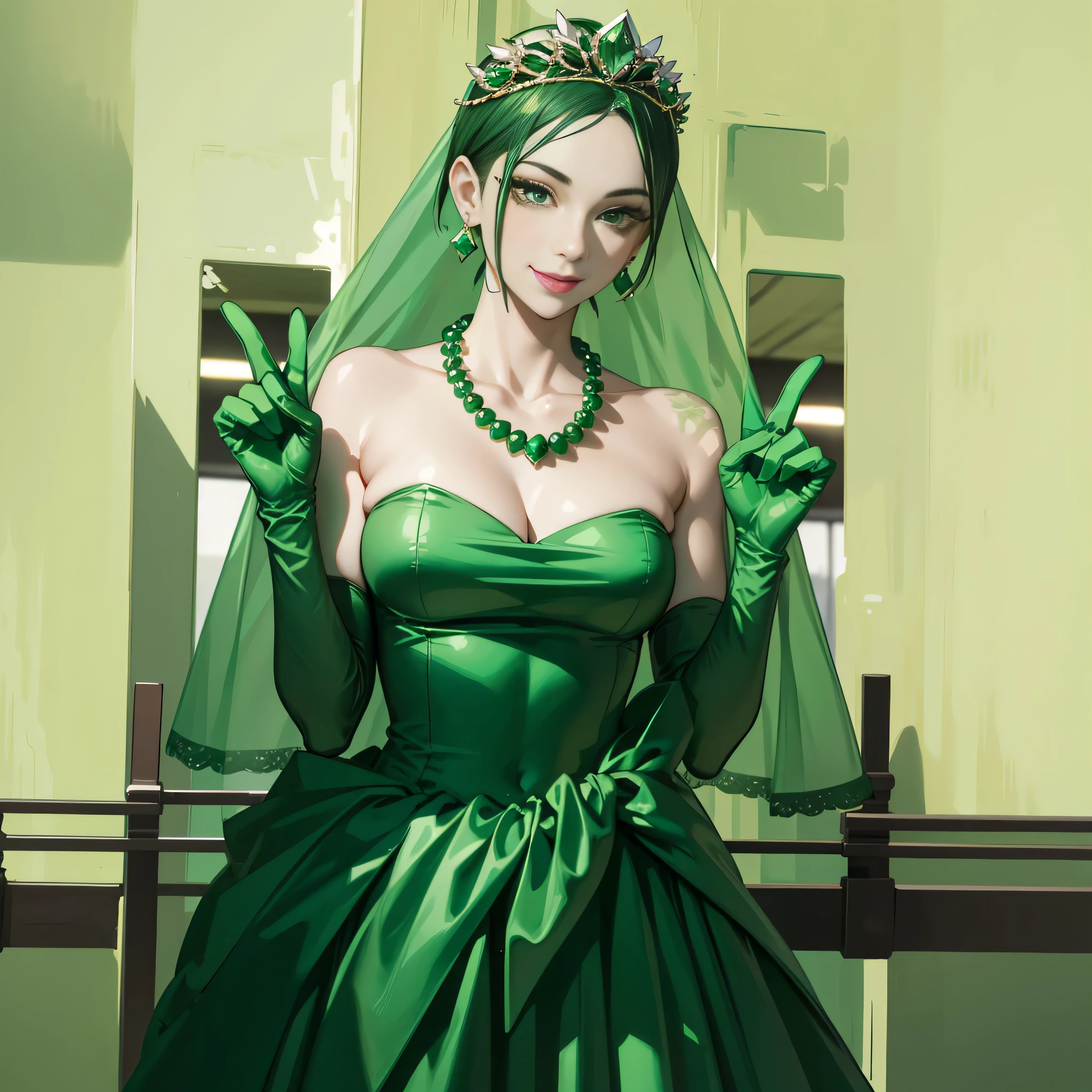 Emerald tiara, Green Pearl Necklace, Boyish very short green hair, lipstick, Smiling Japanese woman, Very short hair, Big and beautiful, Green Eyes, Long green satin gloves, Green Eyes, v sign, Emerald Earrings, Green veil